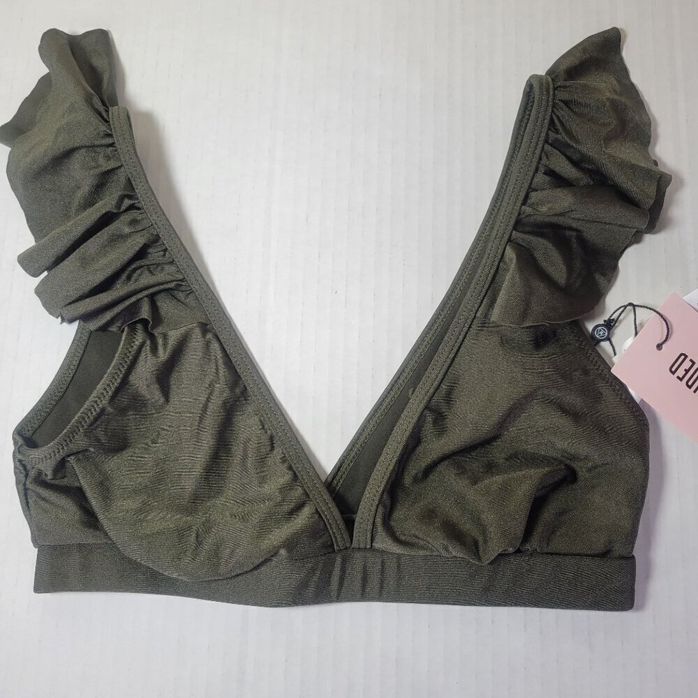 Missguided Olive Green Ruffle Trim Bikini Top Swimwear Beachwear Size US 0